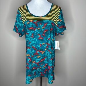 LuLaRoe Classic T womens short sleeved top t-shirt green with yellow stripes XL.